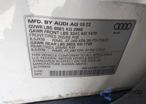 2022 Audi Q7 Premium 55 Tfsi Quattro Tiptronic из США, поврежденный, VIN WA1AXBF71ND013026